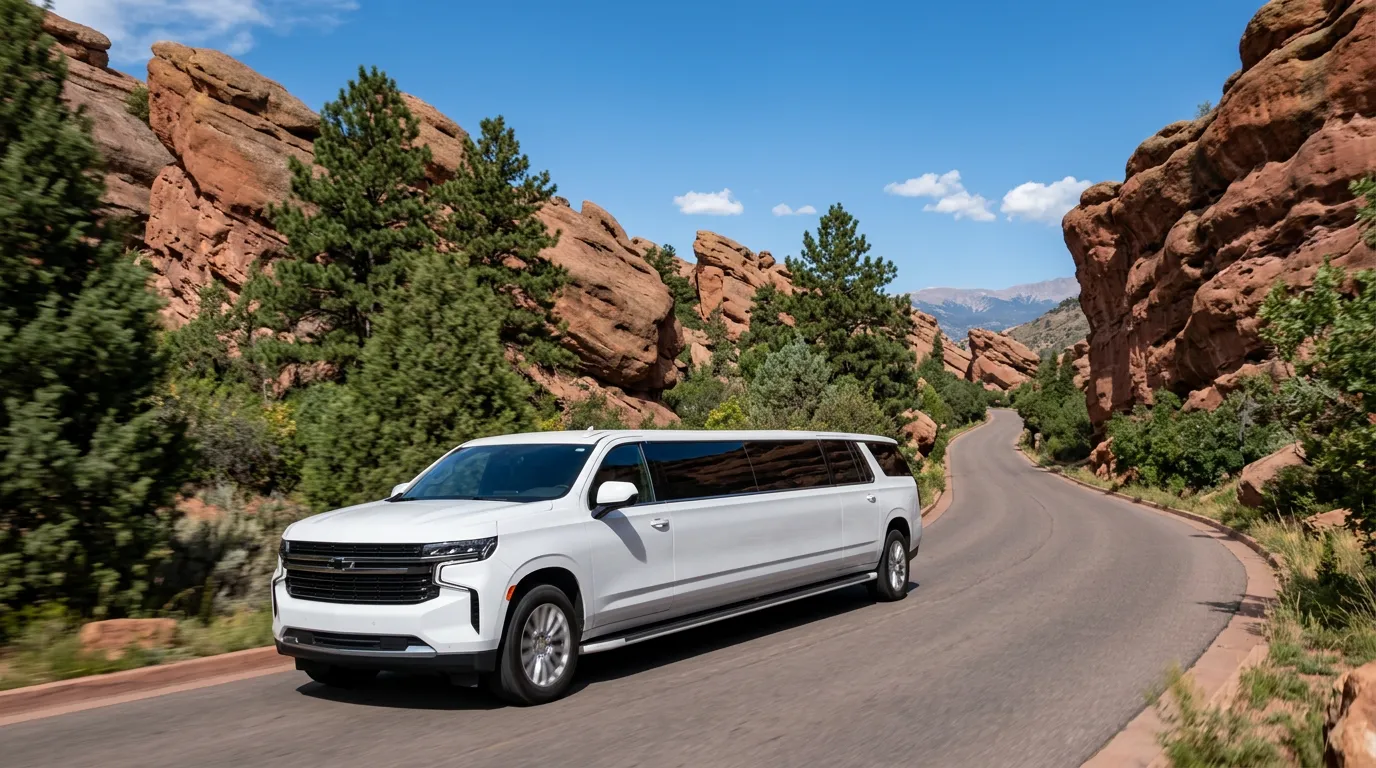 Berthoud white Chevy Suburban 20 passenger stretch limo