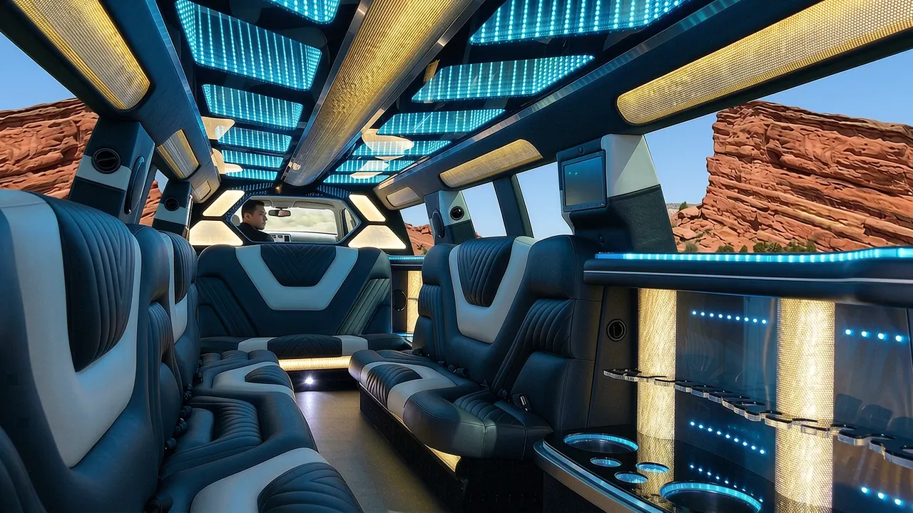 Inside the Mercedes GLS limo in Berthoud: LED light-show ceiling, leather lounge seating and lit bar